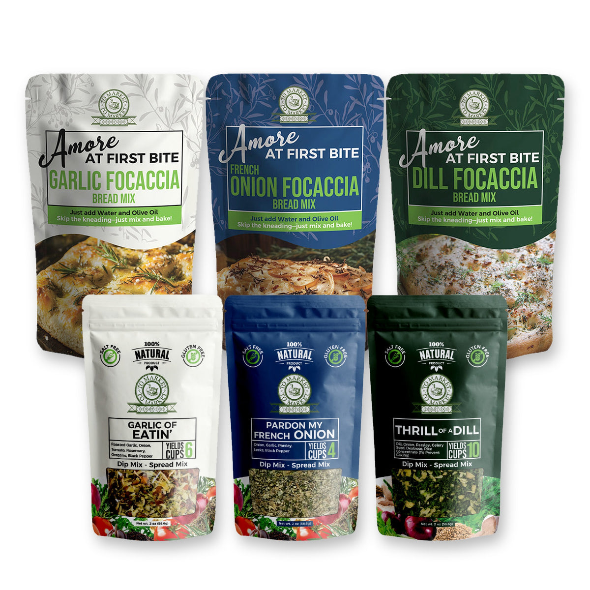Three focaccia bread mixes with three matching dip mixes