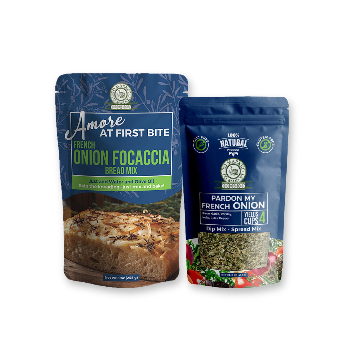French Onion Focaccia Bread Mix and Pardon My French Onion Dip Mix pouches