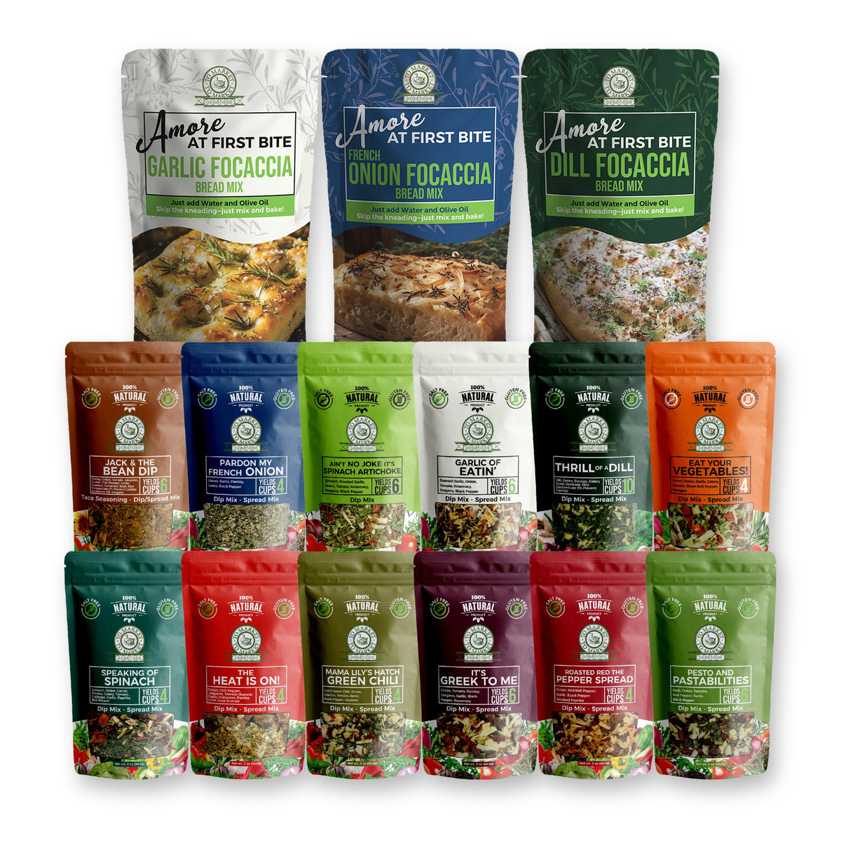 The Whole Pantry bundle with three focaccia mixes and twelve dip mixes