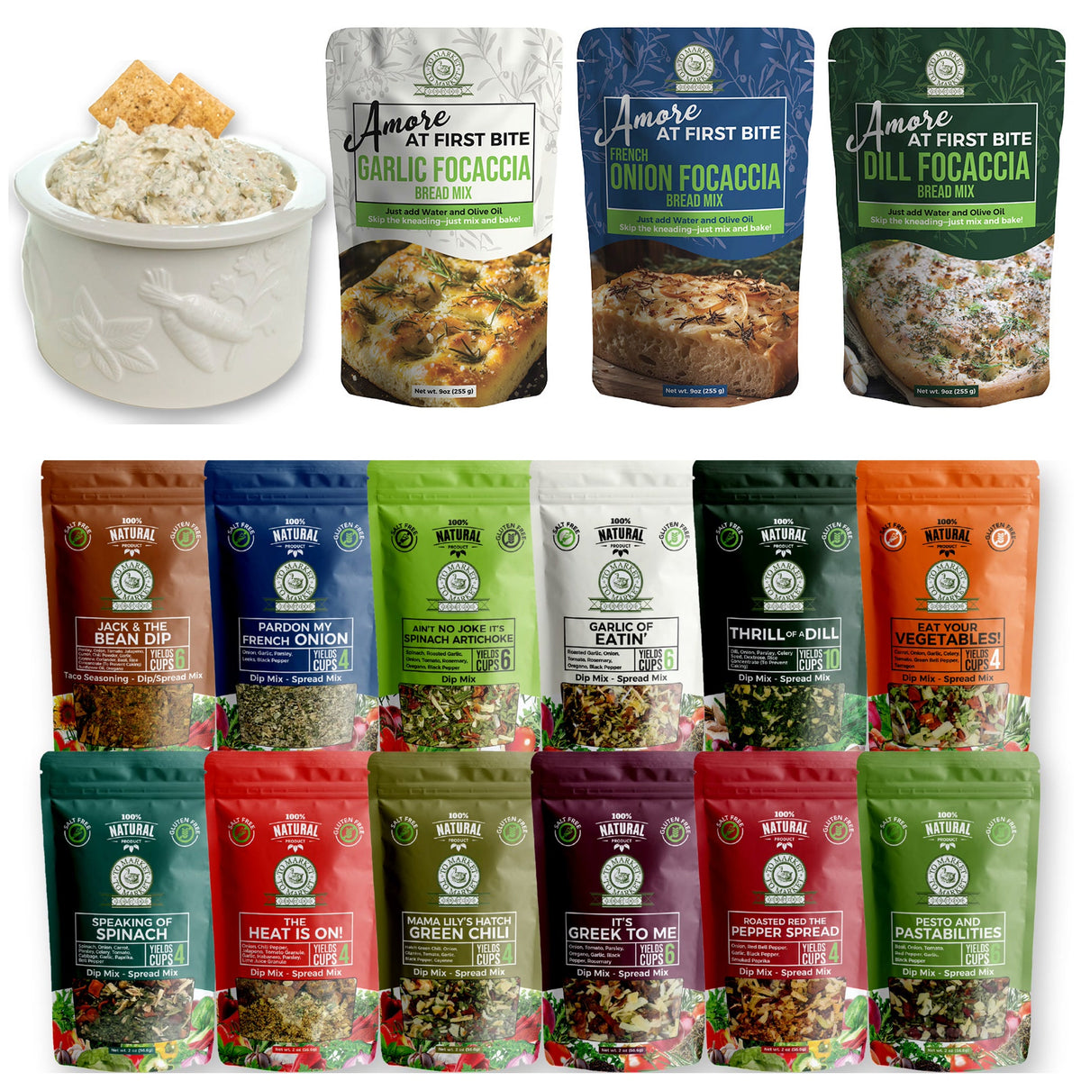 The Whole Pantry Ultimate Bundle: Party Size Dip Chiller with dip, 3 Amore at First Bite focaccia bread mixes and 12 dip mixes